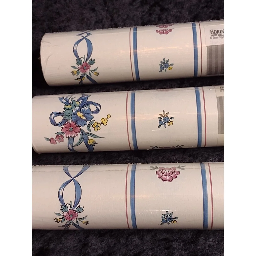 Vintage 3 Rolls Borden Wallpaper Blue Mauve Striped Bows Flowers Cottagecore